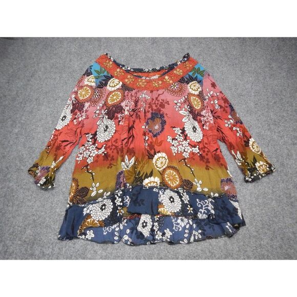 Dressbarn‎ Blouse Top Women's Plus Size 1X Vibrant Peasant Floral Embellished* - Picture 1 of 16